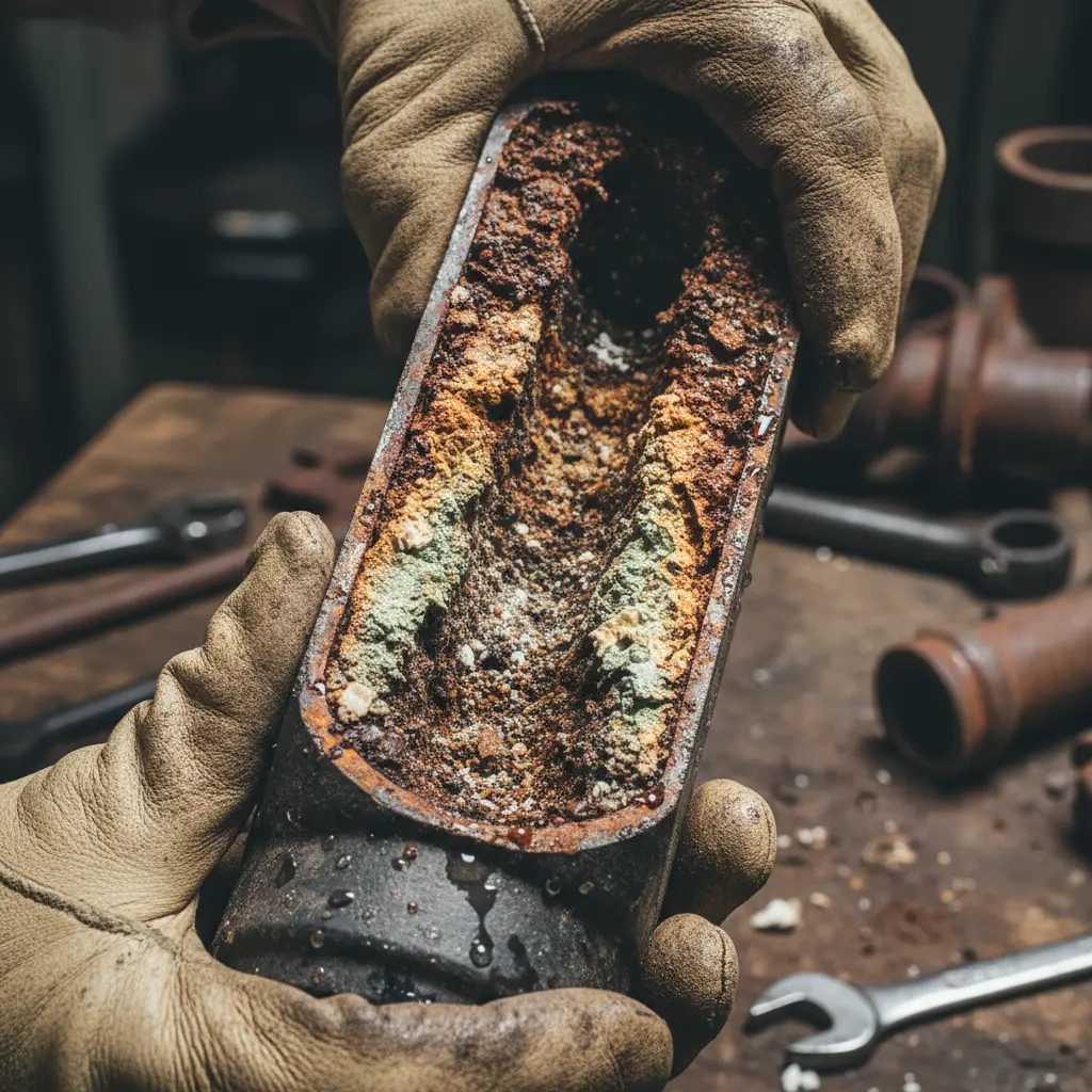 Corroded rusty pipe inside home showing sediment buildup