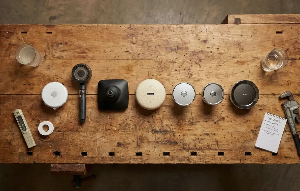 Seven filtered showerheads laid out on workbench
